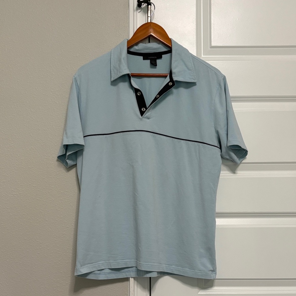 Express Men's Light Blue Polo with Contrasting Black Placket